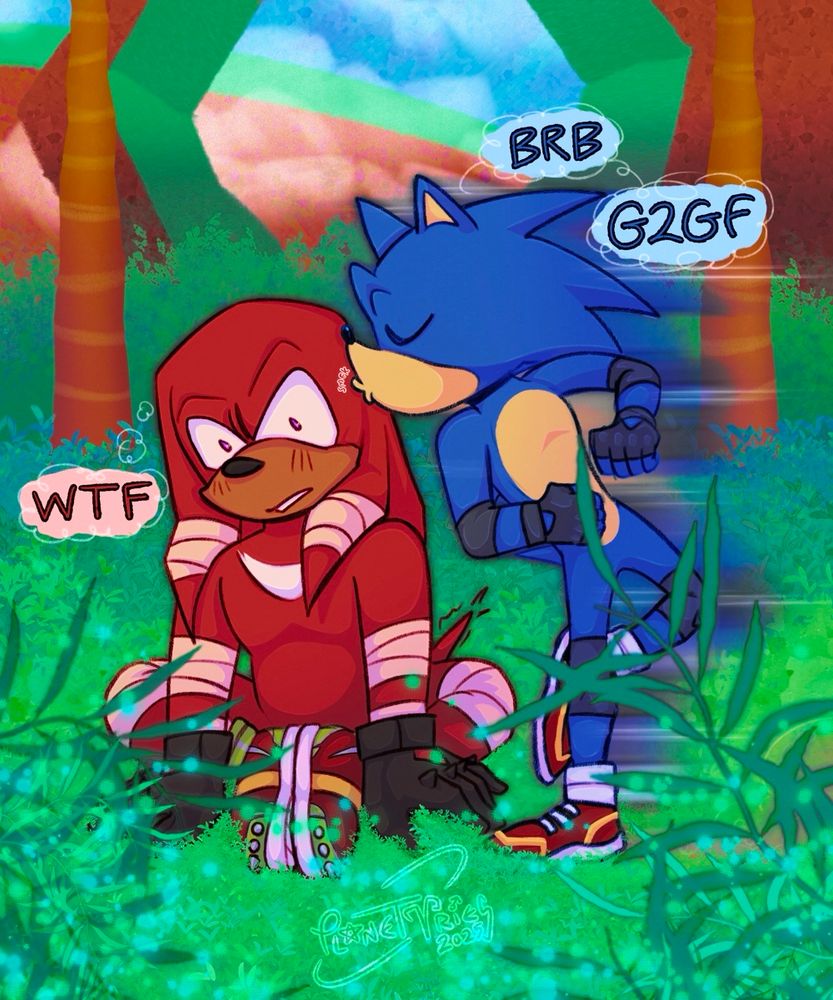 A digital illustration of Sonic the Hedgehog and Knuckles the Echidna from the Sonic franchise. The background is the lush Green Hill Zone. Knuckles sits in the grass, as Sonic zooms back over to him to kiss the side of his head with a little ‘smek.’ Sonic’s speech bubble says, “BRB. G2GF. (Be right back. Gotta go fast.)" Meanwhile, Knuckles’ thought bubble reads, “WTF?” as he blushes.
