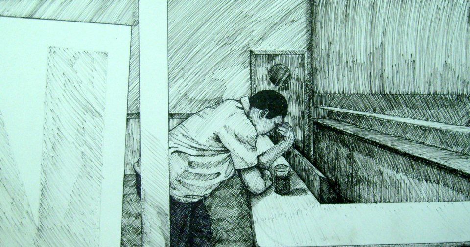 A pen and ink illustration of a man inside a bar, hunched over the bar with a drink next to him. 