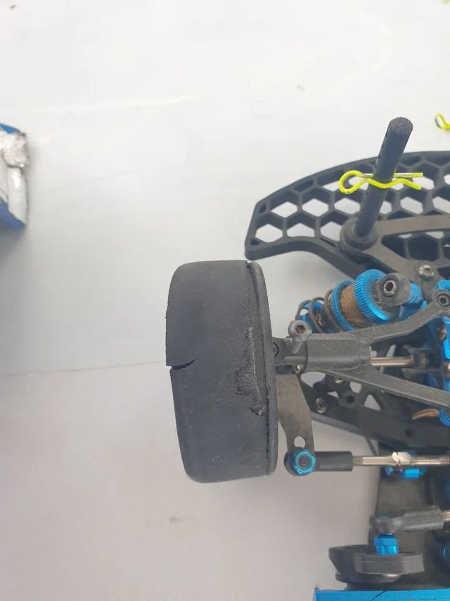 A complete tyre fialure. Ours from Saturday practice though other teams had this in the race 