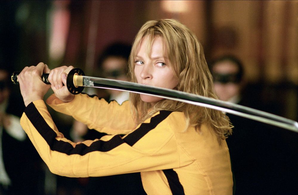 Uma Thurman as "The Bride" in Kill Bill holding the Hattori Hanzo sword