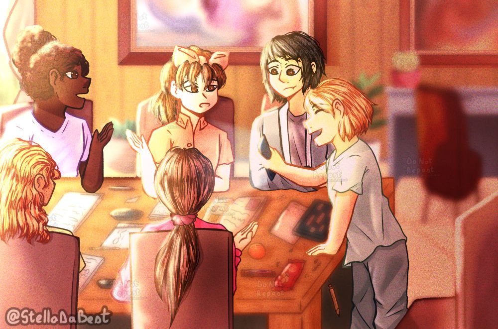 Drawing of a group of friends (6 people) studying in a house on a rectangular table.