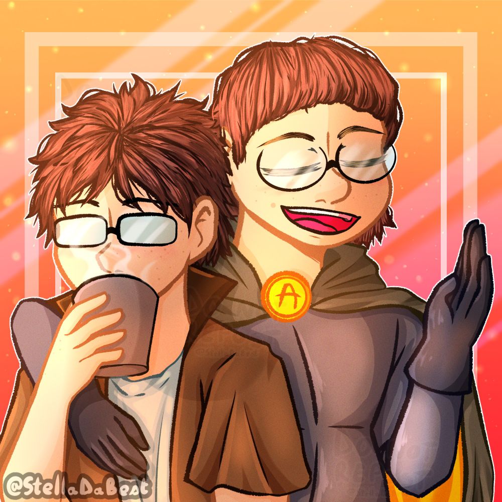 Drawing of two young men next to each other. The taller one has his right arm around the othe one neck. The shorter one is drinking a hot drink. Both have glasses and brown short hair. The taller one is wearing a blue armor with a green hood cape and has round glasses. The shorter one is wearing a blue t-shirt, brown shirts and rectangular glasses. Both are happy. 