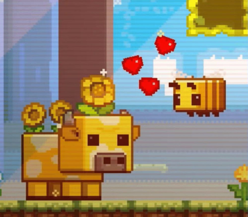 a pixel art drawing of a cow with sunflowers on its head and a bee