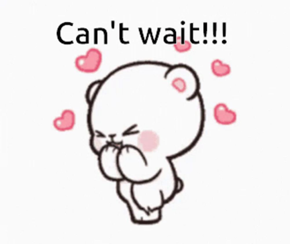 a cartoon bear is surrounded by pink hearts and says " can t wait "