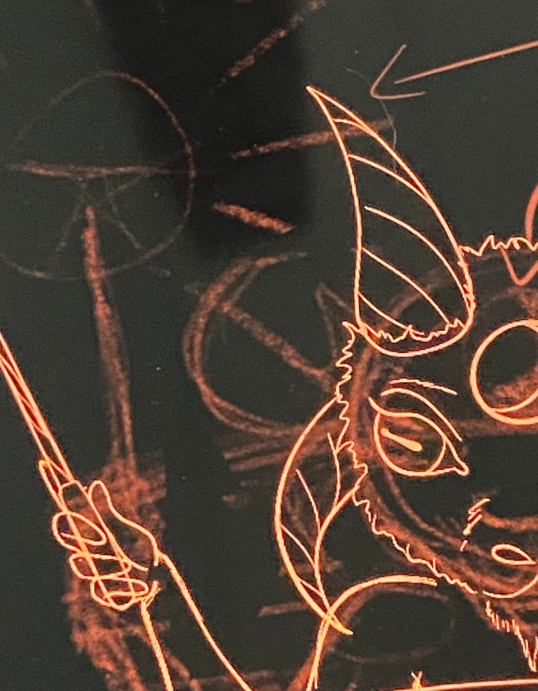 An orange digital drawing of Baphomet waiving a wand. 