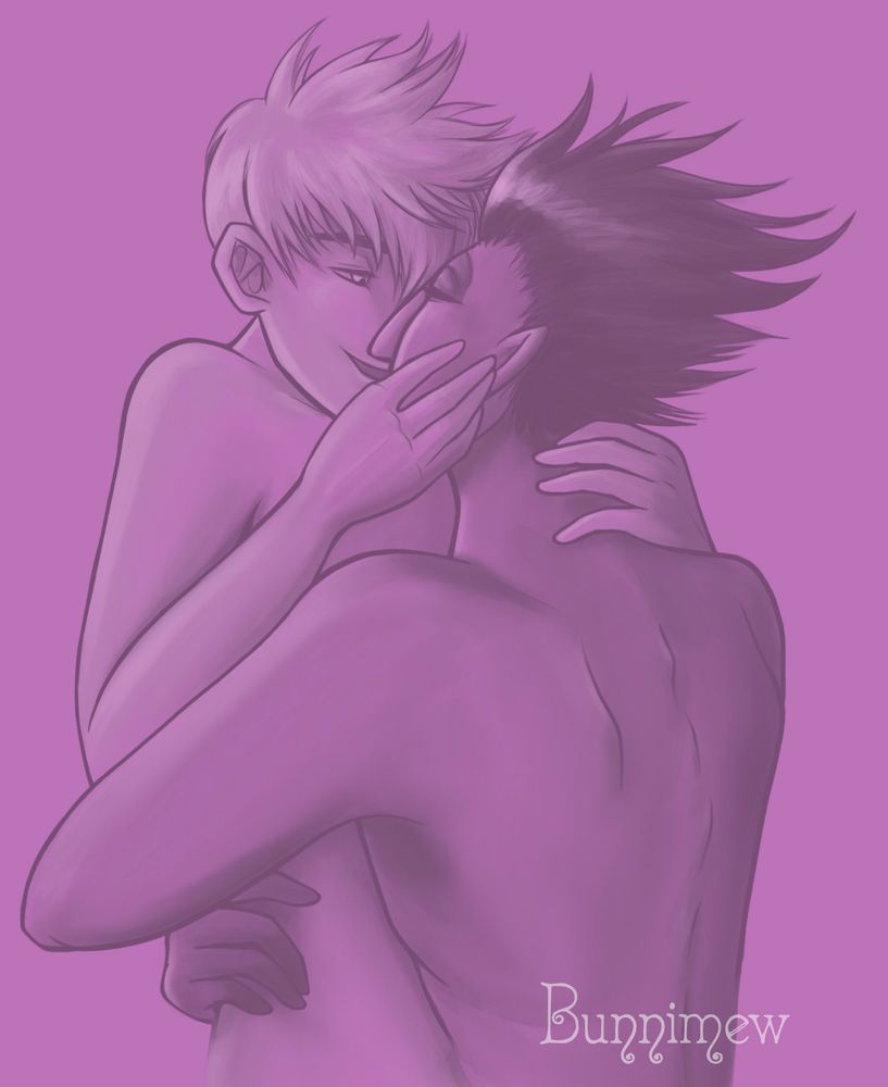 Sketch of Pitch Black holding Jack Frost with a pink background. Jack has his hand cupping Pitch's face. They look adoringly at each other. 