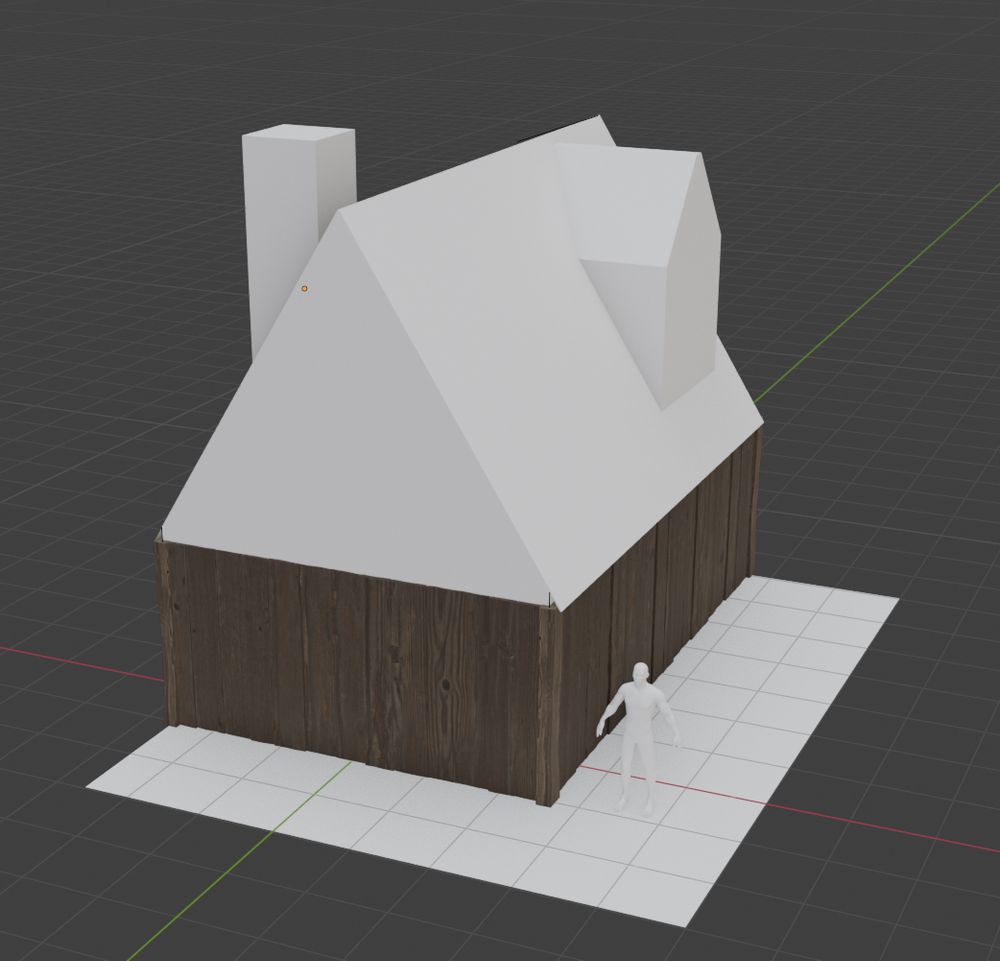 A grey box Model of a House more Like a Hut with a Person on the side.
The Hut has a wooden frame, which later becomes the walls