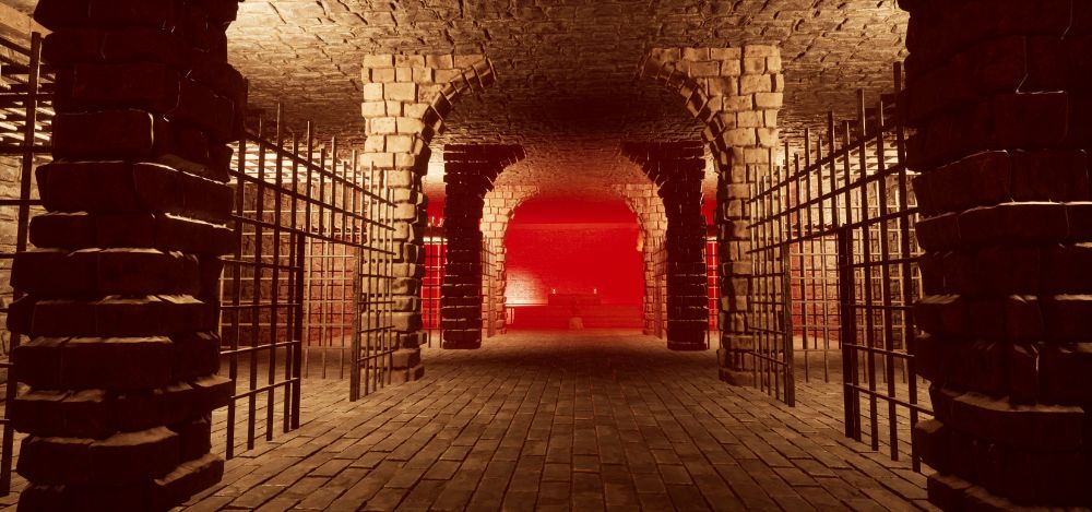 Screenshot of the Game Odium: A Dungeon with some red fog in the distance.