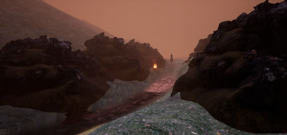 Screenshot of the Game Odium: a small water stream runs trough some rocks, beside a forest ground. In a little distance is a pole decorated with a skeleton, also a Human Skeleton with some fire in it lies on the ground beside it
