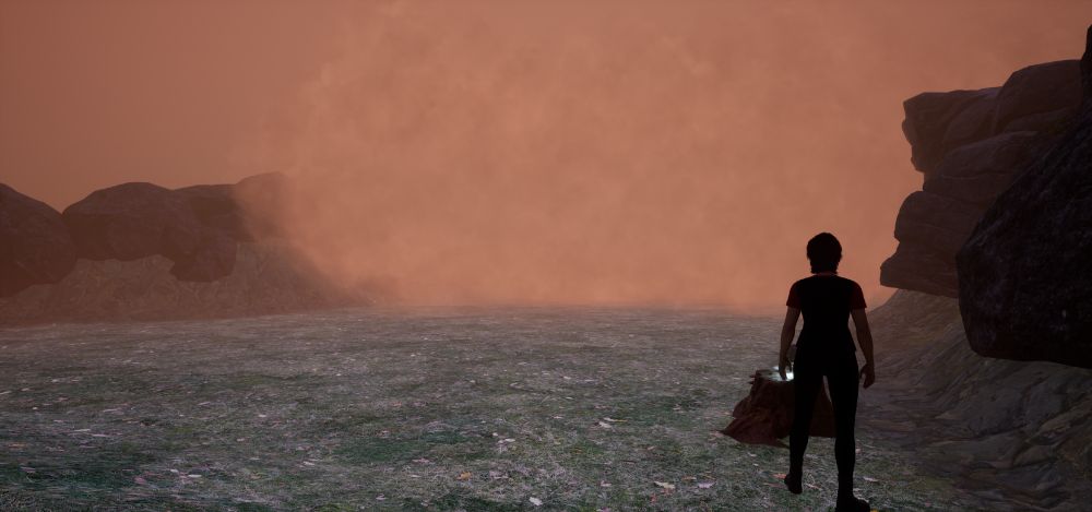 Screenshot of the Game Odium: You see the Dreamer Metahuman, She looks at a heavy fog cloud.