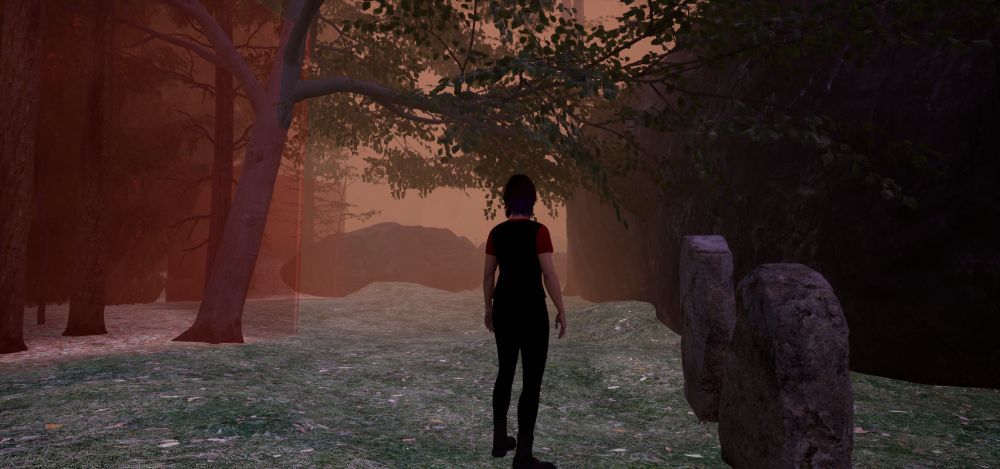 Screenshot of the Game Odium: The Dreamer Metahuman looks at some rocks. She stands between some tombstones and Trees