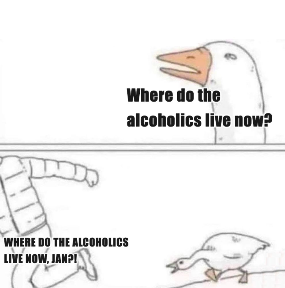 Angry goose meme honking "Where do the alcoholics live now?"