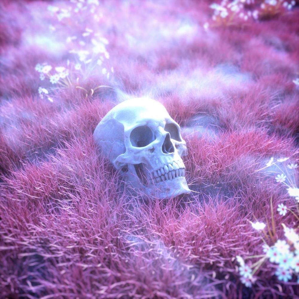 Image of a skull resting on some reddish grass, with a few flowers scattered around. The lighting is bluish and the focus is on the skull.