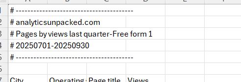 Header rows in CSV file from Google Analytics
