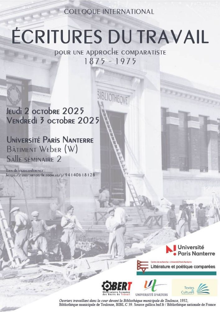 Affiche du programme. Ouvriers travaillant devant une bibliothèque 