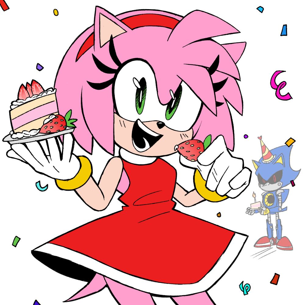 Sketch of Amy Rose with a strawberry cake in her right hand and a single strawberry in the other hand, in the background is Metal Sonic with a piece of the same cake.