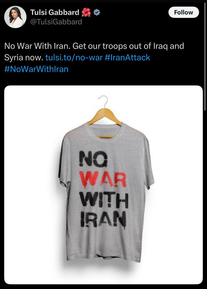 Tulsi Gabbard selling a shirt that says No War With Iran