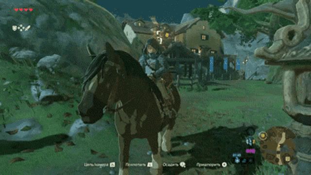 Link riding his horse slowly through Hateno village late in the evening in Breath of the Wild/Tears of the Kingdom.