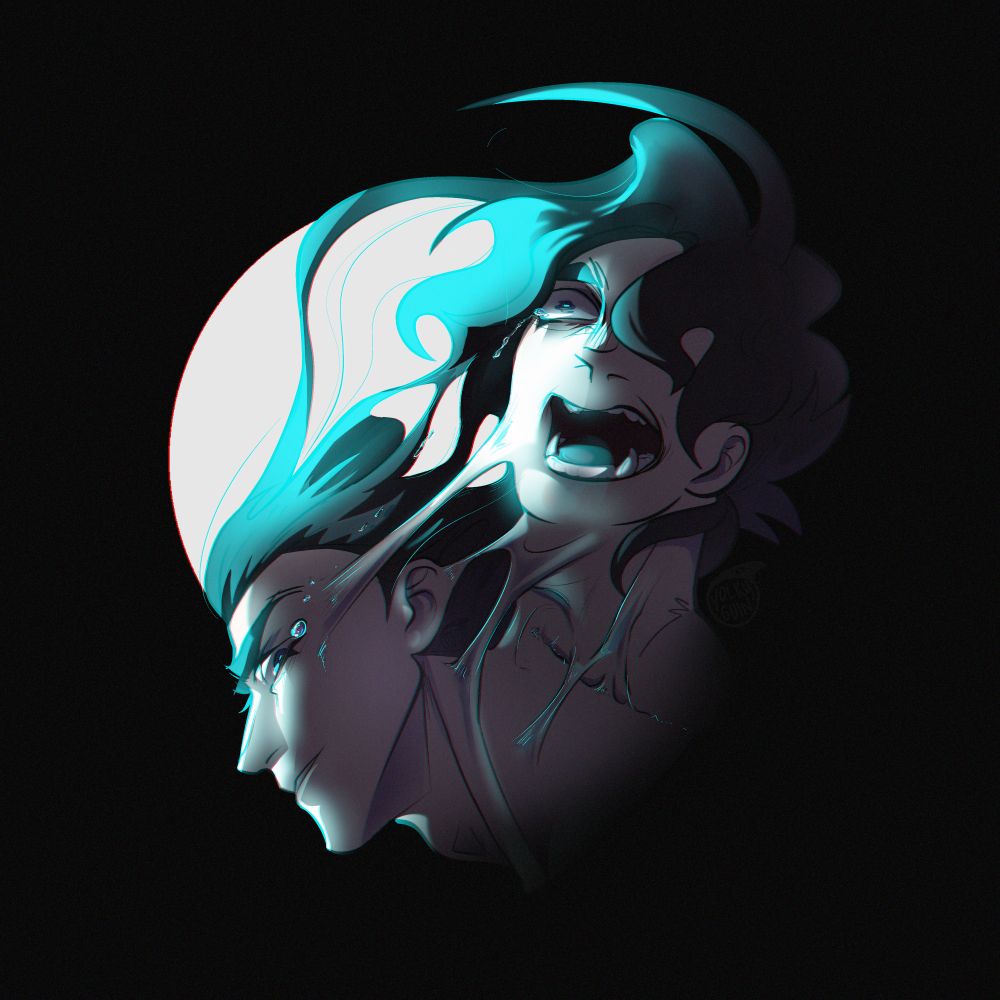 Rei's head pulls away from the other head, stretching skin and hair; one seems calmer, the other cries in panic.