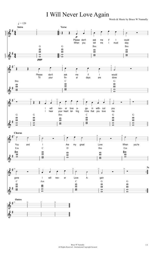 Music Notation for "I Will Never Love Again" by Bruce W Nunnally