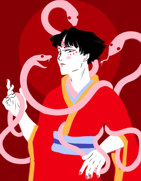 Dessin de Kazuma en kimono rouge et doré (pour l'instant sans motif) avec trois serpents qui sortent du kimono. Il a la peau blanche et du maquillage rose. Très très beau (mais il sera encore plus beau une fois terminé)