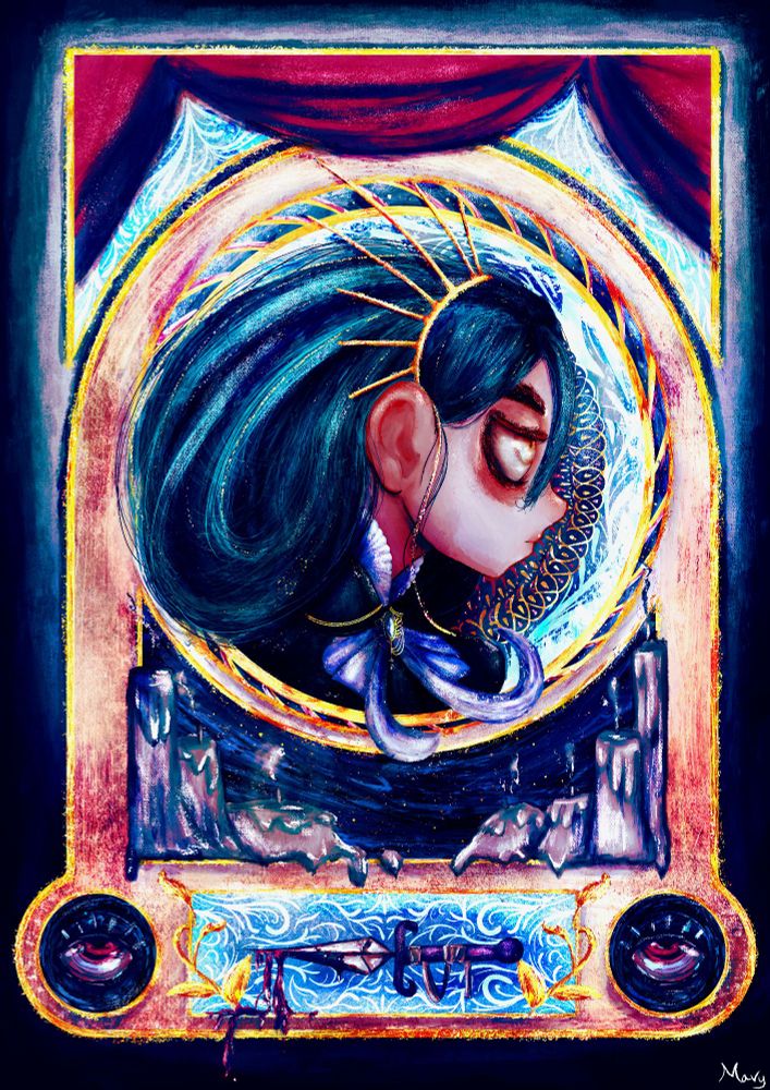 An illustration of a portrait, with deep blue colors, crowned person with a gold frame, curtain, candles, dagger and eyes