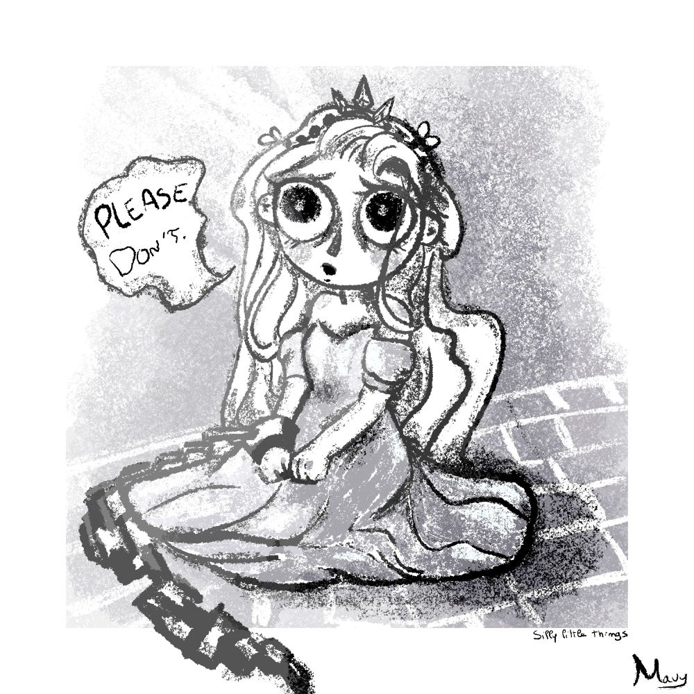 A chained princess, sitting on the floor, from the game Slay The Princess asking to be spared in a black and white pastel style