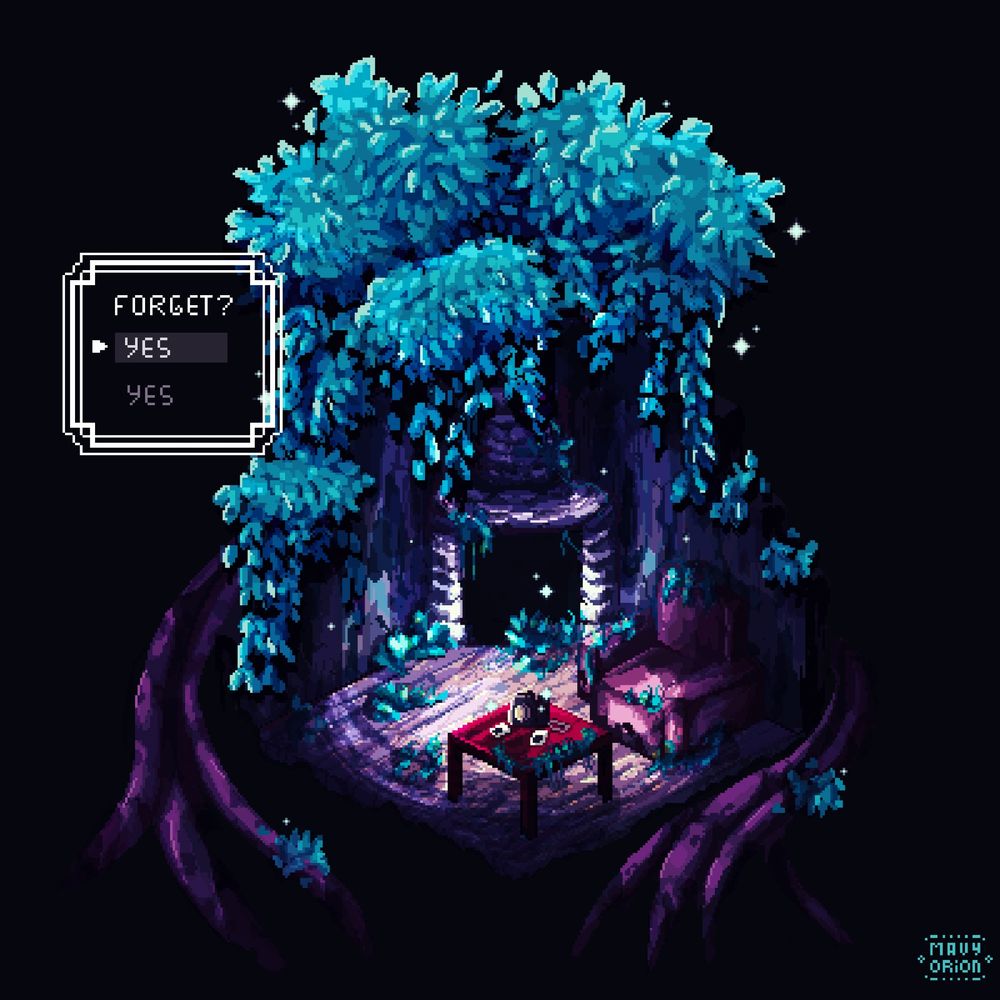A pixel art illustration with big tree, a room, a living room, with a burgundy armchair, a fireplace and a camera on a coffee table, everything is dark but the light points towards the camera, a text indicates a question and two choices "Forget?" "Yes" or "Yes"