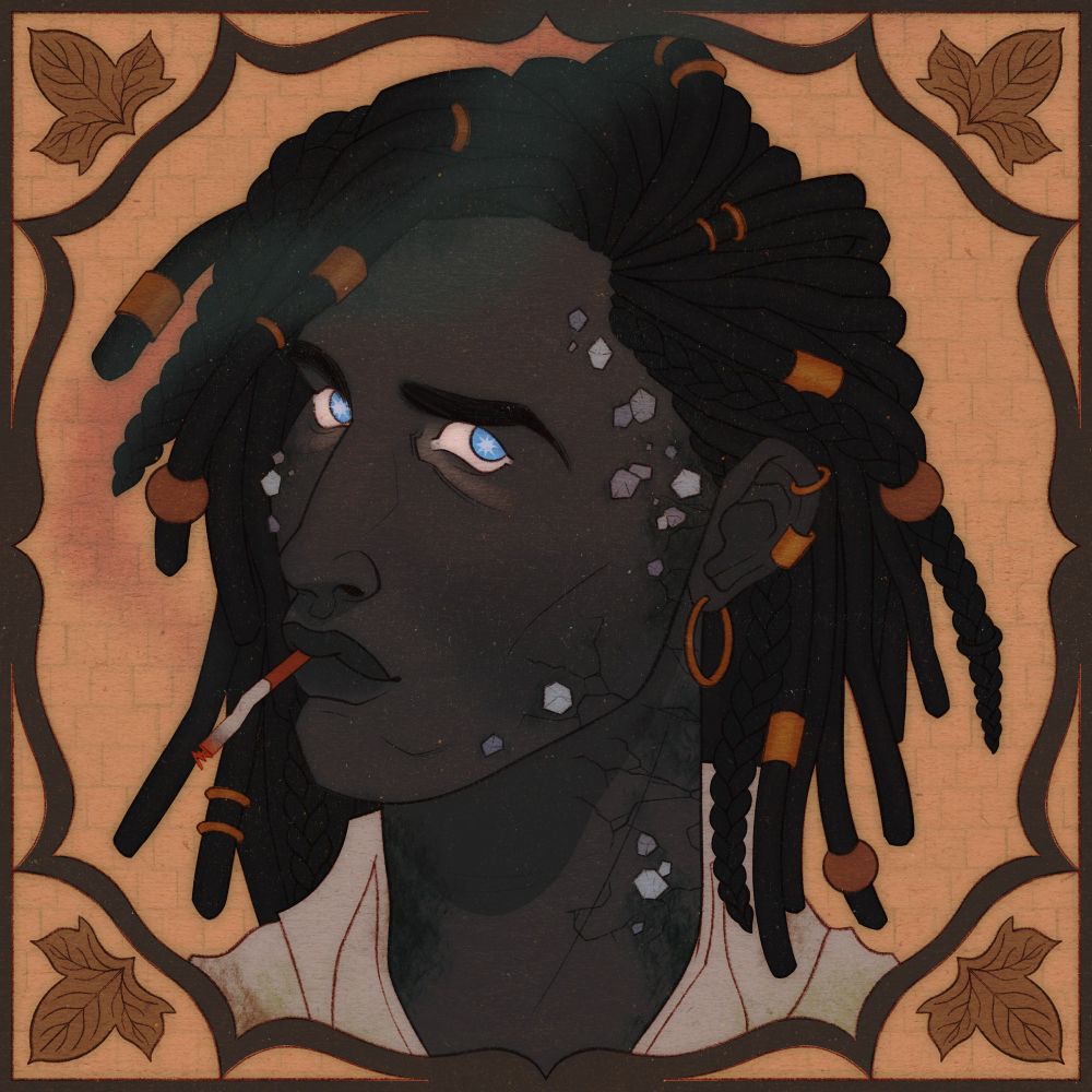 A portrait of a lady smoking a cigarette. She has dreads, dark grey skin and bright blue eyes