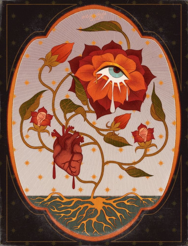An illustration of a flower with an eye in the middle, there are also smaller flowers with ears in the middle and a anatomical heart intertwined 
