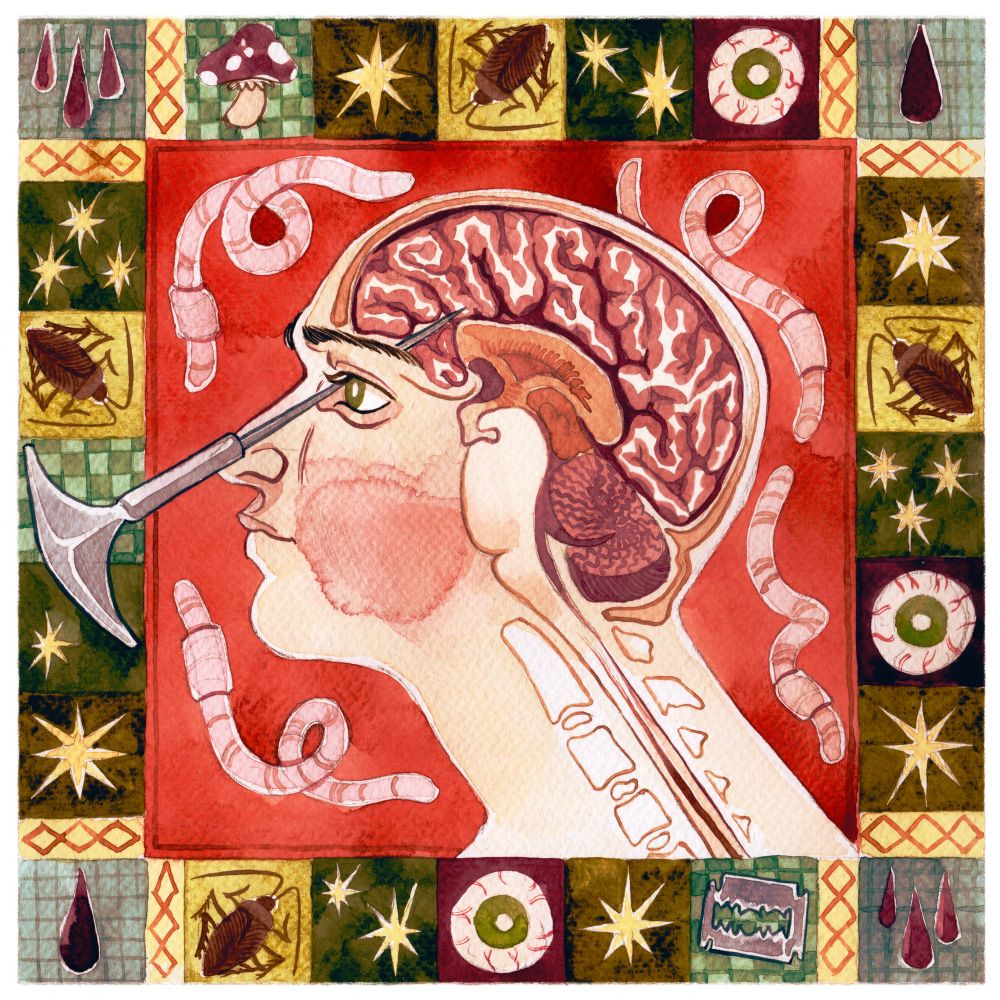 A watercolor illustration of a lobotomy with worms in the background and a frame consisting of eyeballs, cockroaches, blood droplets and stars