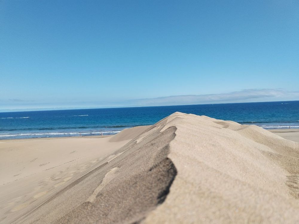 Le dune di Maspalomas (Gran Canaria, Spagna), sullo sfondo l'oceano e il cielo azzurro. 