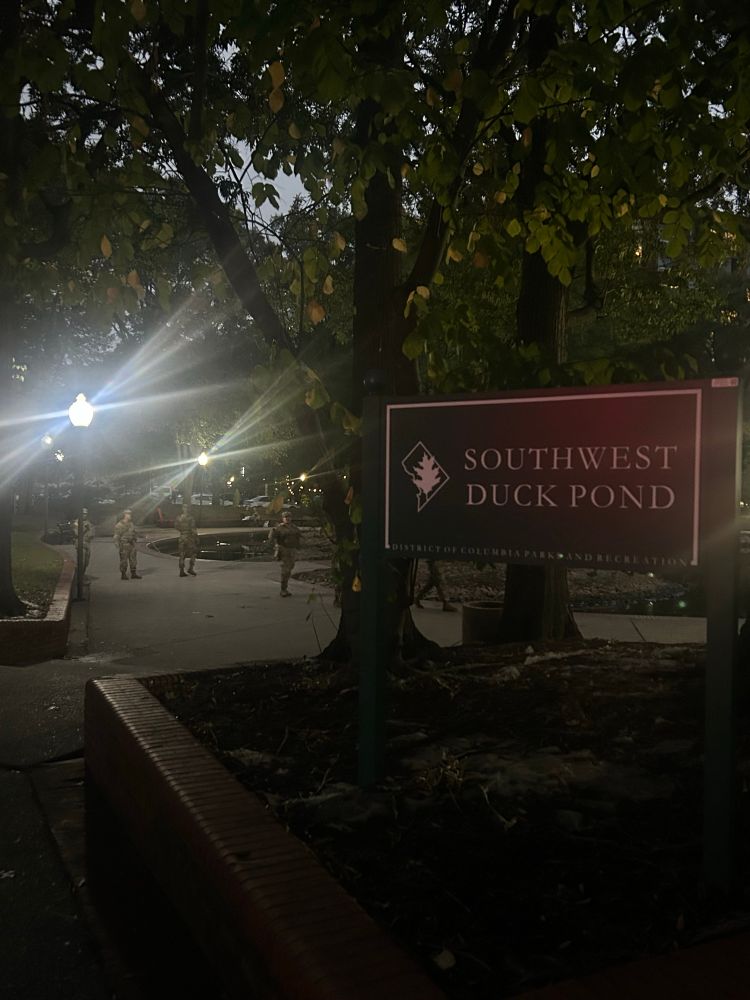 Numerous National Guard members patrolling the Southwest DC duck pond 