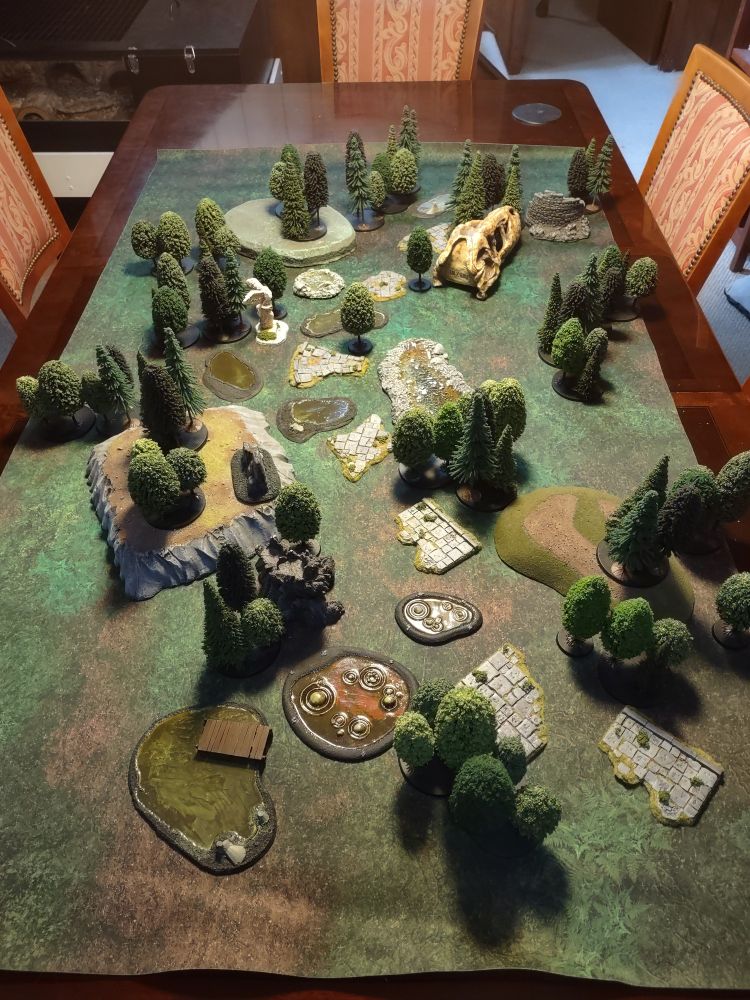 A swamp or jungle table for DnD with a dinosaur skull, ruined roads, forest, hills, ruins and puddles  of toxic goo as seen in portrait view