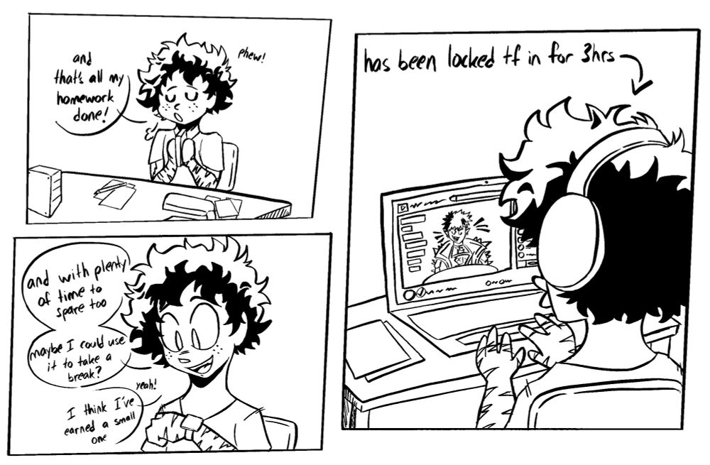 a mini comic of izuku midoriya (character from my hero academia/boku no hero academia) watching a crimzon ruze (vtuber from holostars english armis) stream after finishing his homework 
