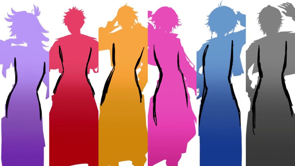 Edited collage of teaser silhouettes of (left to right) Banzoin Hakka, Crimzon Ruze, Axel Syrios, Gavis Bettel, Octavio, and Jurard T Rexford for the upcoming Holostars English 3D concert EVERGLOW