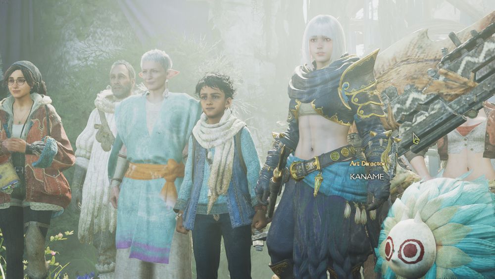 A scene from monster hunter wilds, when you finish the game and all the characters are looking into the horizon,