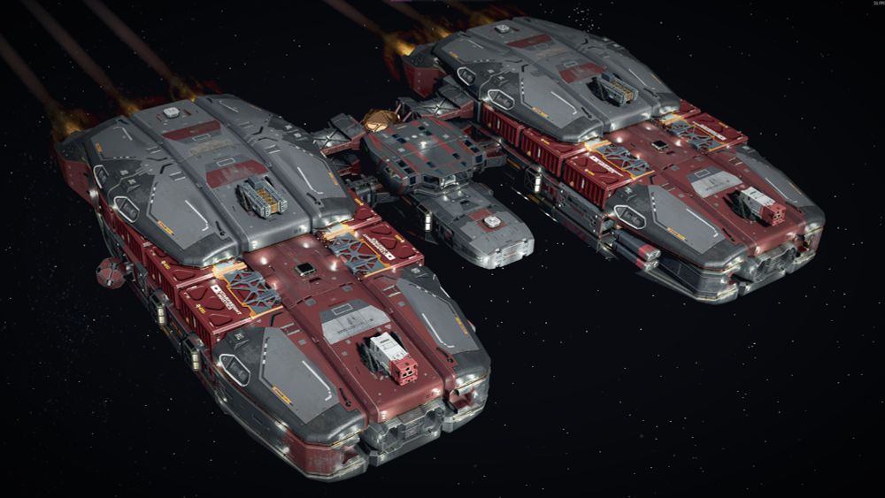 A screenshot from the video game Starfield. A spaceship with two large sections joined together by a thin tunnel with the bridge perched on top in the center between the two halves. It is painted dark grey with black and red trim. Rows of cargo containers line the inner and outer sides of the two main bodies, with batteries of turrets in a line from front to back on each side. It speeds through the empty black of space on the hunt for treasure among the stars.