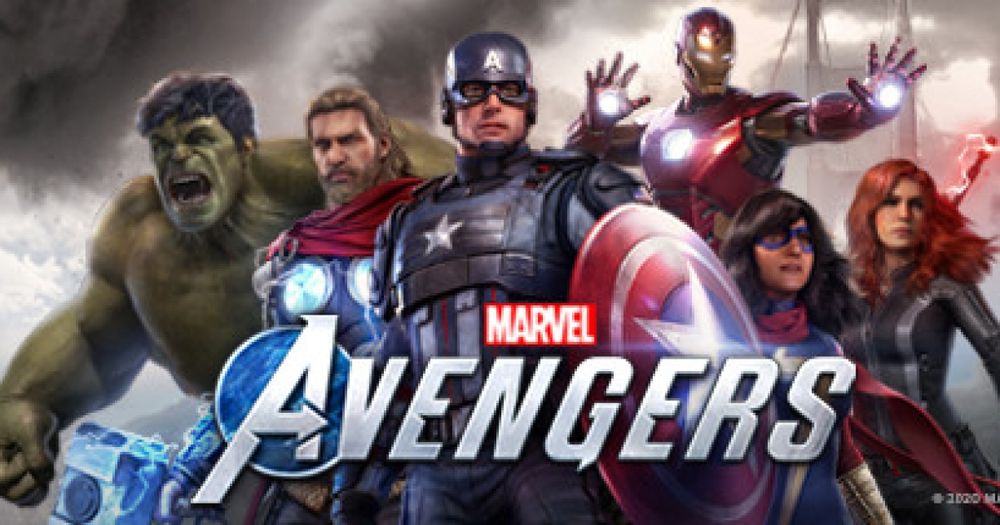 An image of the title screen for the video game "Marvel Avengers" featuring Captain America, Thor, The Hulk, Iron Man, Ms. Marvel, and Black Widow.