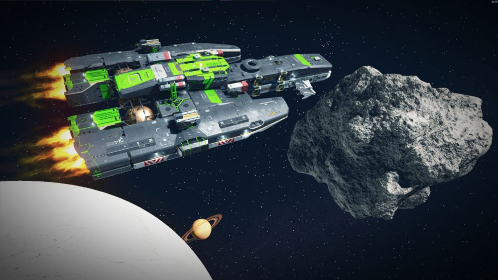 A screenshot from the video game Starfield. A spaceship zooms past a frozen white moon and a large grey asteroid. It is painted black with neon green trims and highlights. The silhouette of the ship is like a dragon diving out of the sky. In the distance, an orange ringed planet peeks out from behind the moon.