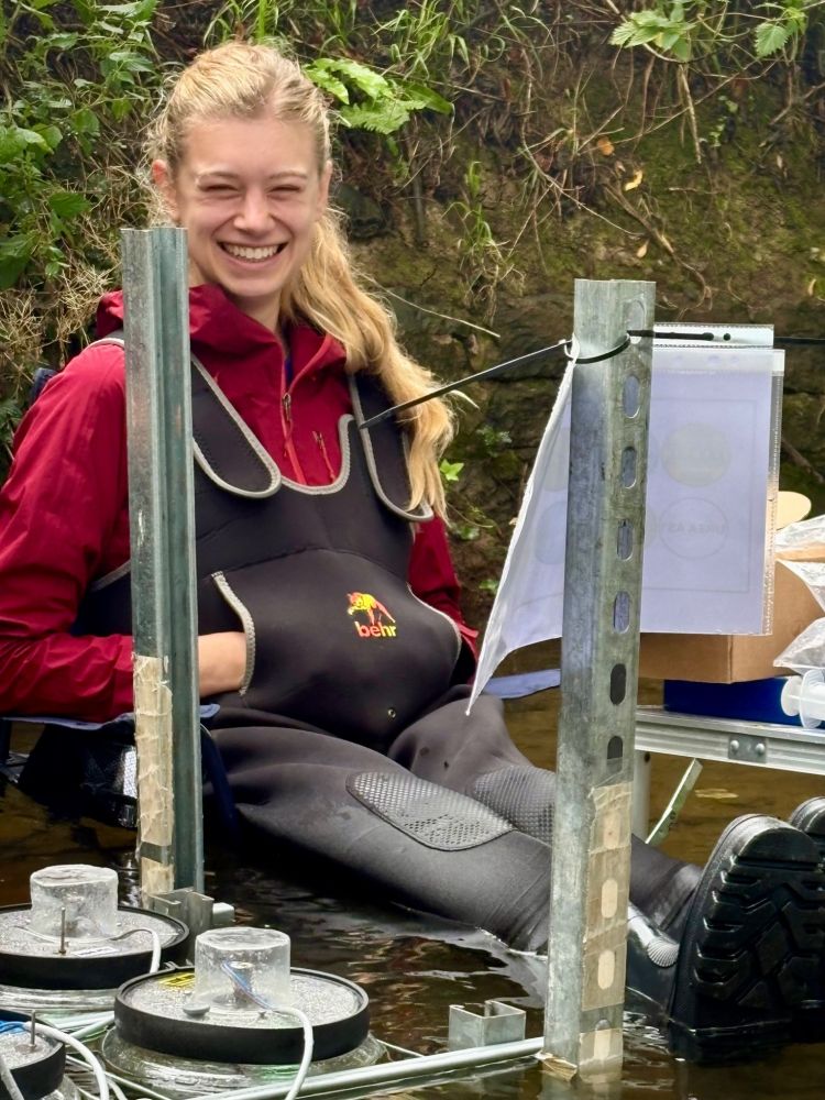 Sydney Enns wearing her chest waders. These neoprene waders are warm and keep us dry (mostly, as long as we avoid barbed wire punctures) but we do get buoyant feet when we sit down!