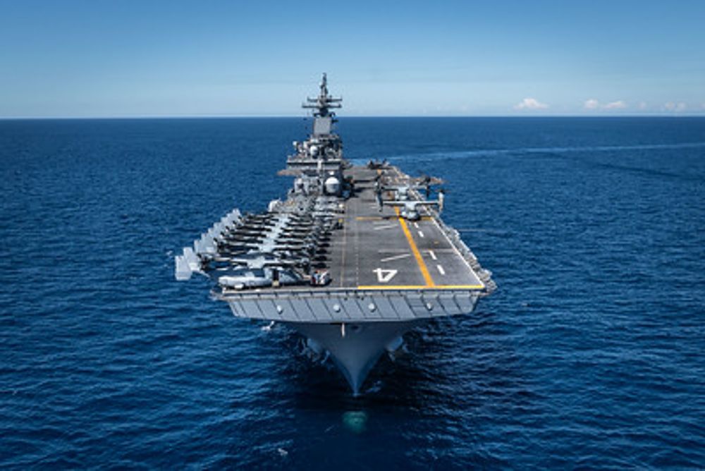 Photos – Wasp-class amphibious assault ship USS Boxer (LHD 4) conducts flight operations while the ship transits the Tsushima Strait, Sept. 18, 2024.