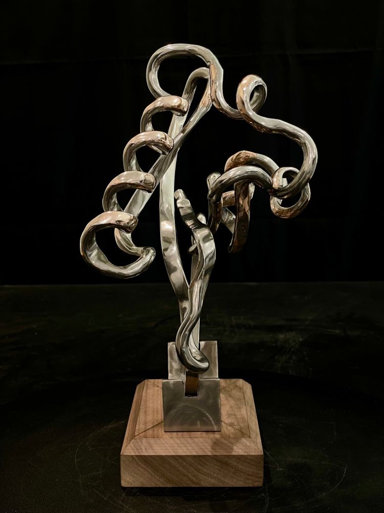 A metal sculpture of a PAS-B domain found in proteins. The sculpture represents the protein structure at 50 million times the actual size. 