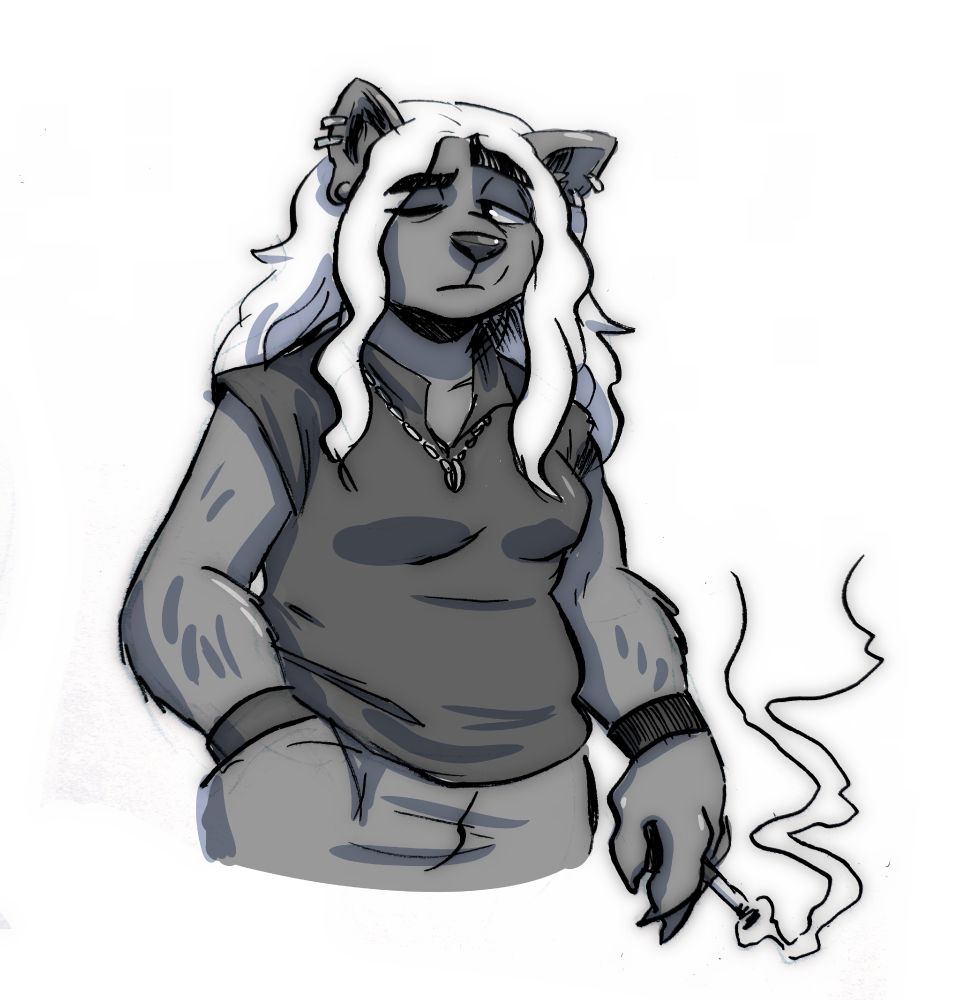 Picture showing Franky one eye slightly open looking to the right as she holds a cig in her left hand. 
