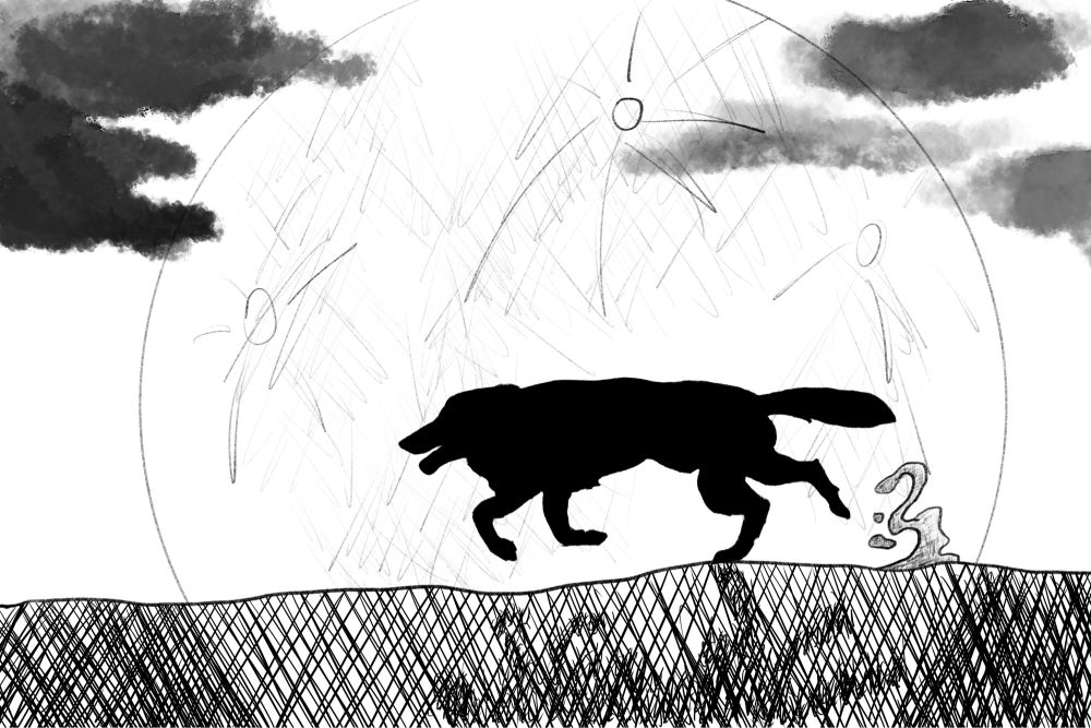Black and white sketch of a wolf silhouette running in front of a full moon