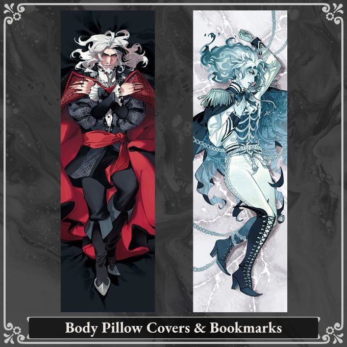 Dracula and the Ghost reclining. Dracula is in a classic arms-crossed vampire pose on a black bedsheet. Ghost is restrained by fine silver chains on fractured ice.
