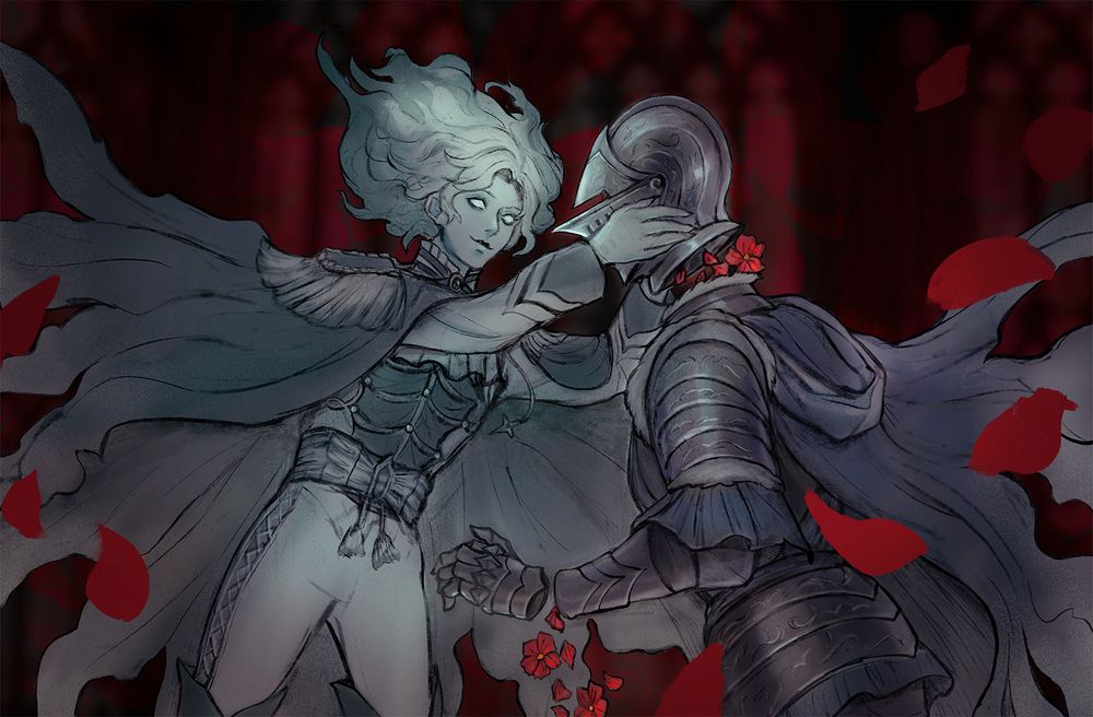 The Ghost from Draculesti steals the helmet of the Nameless Knight from The Last Winter Knight. Flowers are coming out of the Knight's neck and spiralling around them.