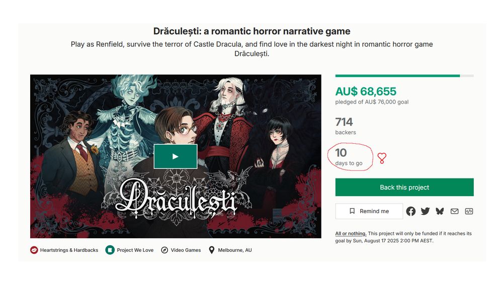 Draculesti Kickstarter campaign header: it's at 90% and now has 10 days to go