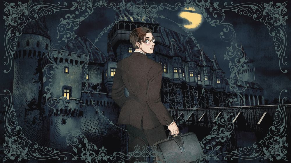 Renfield in front of Castle Dracula. He's got his back turned and he's looking over his shoulder, holding a briefcase. Renfield is a pale trans man with gold-framed glasses and short black hair, in a classic black business suit.