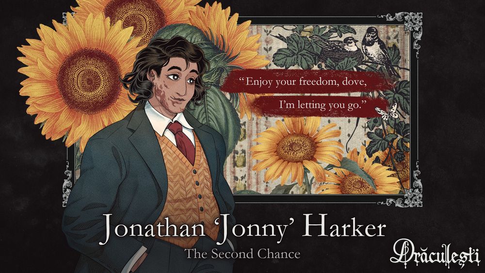 Jonny is a British-Indian man with curly chin-length hair and a big chemical burn facial scar along his jaw. He wears a dark green 1920s sports suit, with a yellow waistcoat and a red tie.